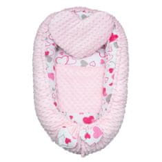 NEW BABY Luxus fészek párnával és takaróval Új baba a Minky rózsaszín szívektől