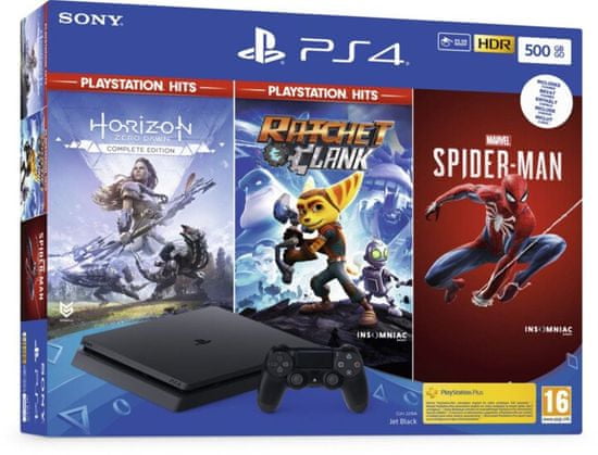 SONY PlayStation 4 Slim - 500GB, fekete + Spider-Man + Horizon Zero Dawn + Ratchet & Clank (PS719391708)