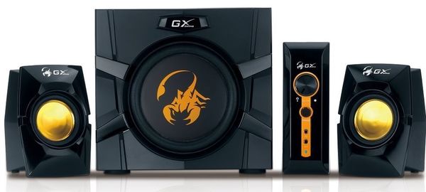 A Genius GX Gaming SW-G2.1 3000 Ver. II (31730021400) hangszórók 80 W teljesítmény beépített erősítő RCA AUX mikrofon bemenet és kimenet és bemenet fejhallgatóhoz
