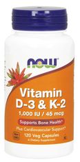 NOW Foods Vitamin D3 &amp; K2, 1000 IU / 45 ug, 120 rostlinných kapslí