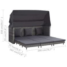 Greatstore 3-személyes szürke kinyitható műrattan kanapéágy tetővel