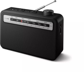rádió philips tar2506 fm tuner hagyományos design zenei üzemmód hírek üzemmód beépített hangszóró akkumulátor és hálózati tápegység fejhallgató kimenet