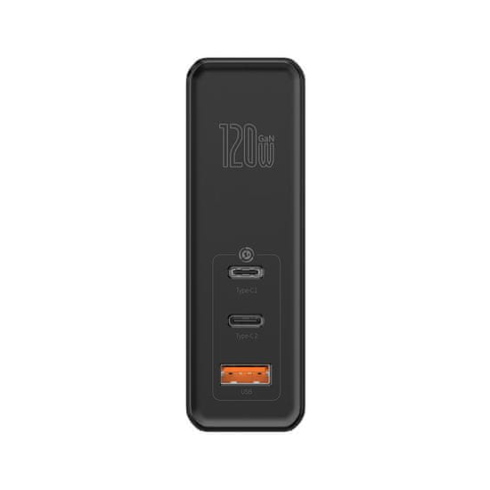 BASEUS GaN Mini gyorstöltő adapter USB + 2x Type-C 120W EU + Xiaobai kábel Type-C/Type-C 100W 1m CCGAN-J01, fekete