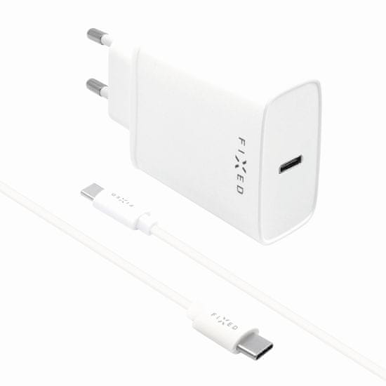FIXED USB-C kimenettel ellátott hálózati töltőből és USB-C/USB-C kábelből álló készlet, PD támogatás, 1 méter, 20W FIXC20-CC-WH, fehér