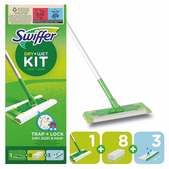 Swiffer Swiffer Sweeper start készlet 1 fogantyúval, 8 porszívóval és 3 tisztító törlőkendővel