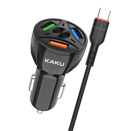 Kaku Car Charger autós töltő 3xUSB QC 4.8A 20W + USB-C kábel, fekete