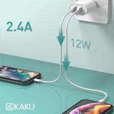 Kaku Charger hálózati töltő 2x USB 12W 2.4A + Micro USB kábel 1m, fehér