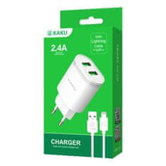 Kaku Charger hálózati töltő 2x USB 12W 2.4A + Lightning kábel 1m, fehér