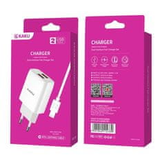 Kaku Charger hálózati töltő 2x USB 15W 2.4A + Lightning kábel 1m, fehér