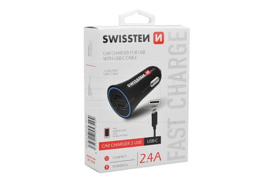 SWISSTEN 2.4A 2USB, USB-C autós töltő