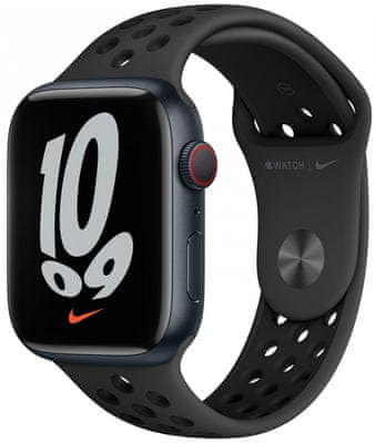 Apple Watch Series 7 okosóra, Retina kijelző mindig bekapcsolva EKG szívritmusmérés zenelejátszó hívás értesítések NFC fizetés Apple Pay zaj App Store vér oxigénszint szenzor fizikai kondíció mérés VO2 max eSIM kommunikáció iPhone nélkül Nike kiadás Nike Run Club speciális Nike kiadás