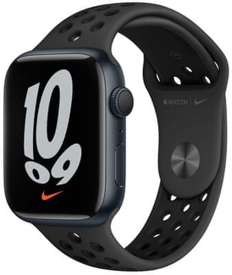 Apple Watch Series 7 okosóra, Retina kijelző mindig bekapcsolva EKG pulzusmérés zenelejátszó hívás értesítések NFC fizetés Apple Pay zaj App Store vér oxigénszint szenzor fitness mérés VO2 max eSIM kommunikáció iPhone jelenlét nélkül Nike Run Club különleges kiadás Nike