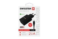 SWISSTEN Tápegység micro USB kábellel, 2x USB, 2,1 A, fekete