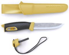 Morakniv 13573 Companion Spark Yellow kültéri kés 10,4 cm, sárga-fekete, TPE, hüvely, kovakővel