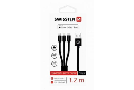 SWISSTEN Univerzális USB kábel 3 az 1-ben, lightning MFI / microUSB / USB-C, 1,2 m, fekete