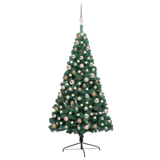 Greatstore zöld fél műkarácsonyfa LED-fényekkel és gömbszettel 150 cm