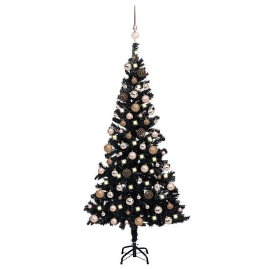 Greatstore fekete PVC műkarácsonyfa LED-fényekkel és gömbszettel 180 cm
