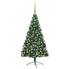 Greatstore zöld fél műkarácsonyfa LED fényekkel és gömbszettel 210 cm