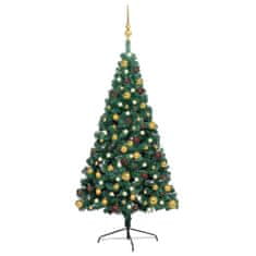 Greatstore zöld fél műkarácsonyfa LED fényekkel és gömbszettel 240 cm