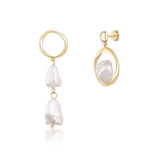 JwL Luxury Pearls Aszimmetrikus, aranyozott fülbevaló igazi barokk gyöngyökkel JL0723