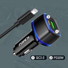 Kaku KSC-540 autós töltő USB / USB-C 3A 20W + kábel Lightning / USB-C, fekete