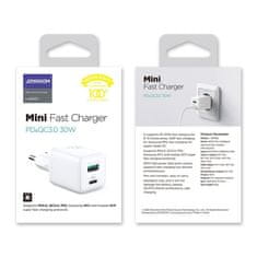 Joyroom Mini Fast Charger hálózati töltő adapter USB / USB-C 30W PD QC, fehér