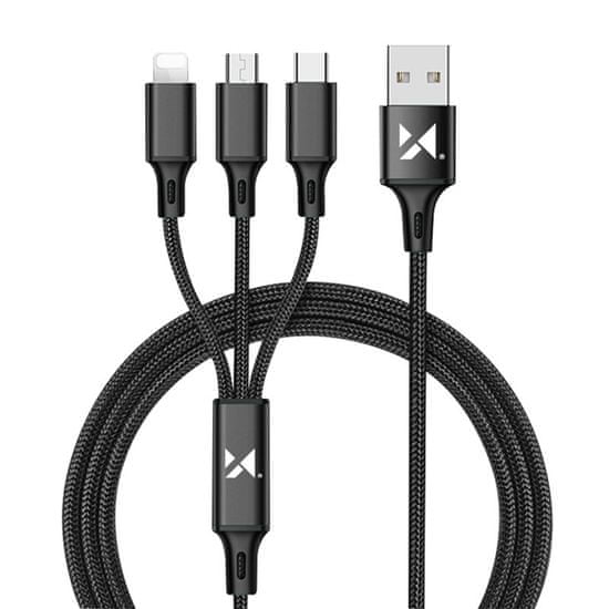 MG 3in1 kábel USB - USB-C/ Micro USB / Lightning 2.8A 1.25m, fekete