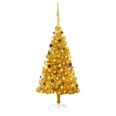 shumee aranyszínű PET műkarácsonyfa LED-ekkel és gömbszettel 150 cm