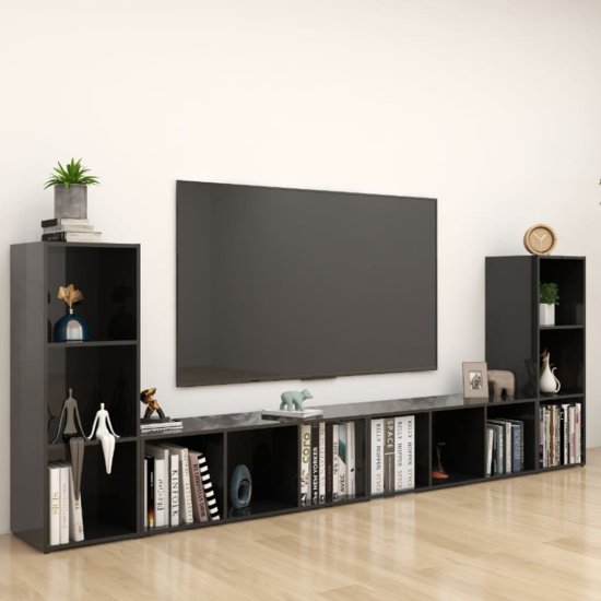 shumee 4 db magasfényű fekete forgácslap TV-szekrény 107 x 35 x 37 cm