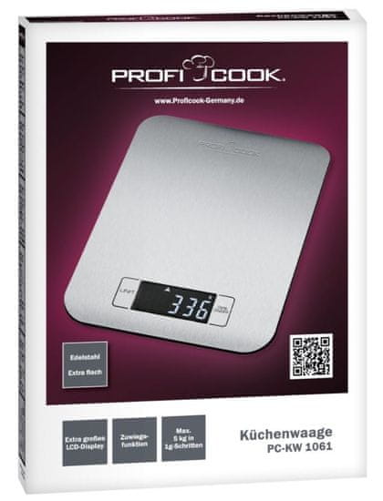 Profi Cook PC-KW 1061 konyhai mérleg, LCD kijelző, 2x CR2032 (elemeket tartalmaz), 1 g-os pontosság, 5 Kg-ig terhelhető, Szürke