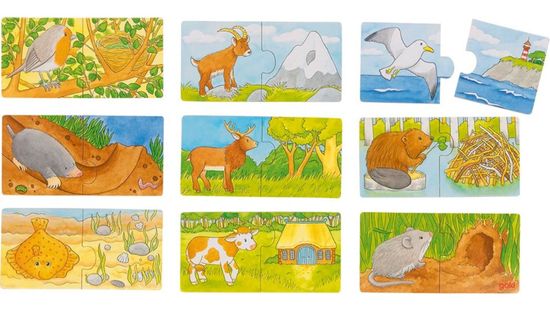 Goki Fából készült puzzle egy pár állatból és otthonukból, 9x2 darab