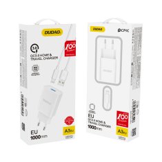DUDAO A3EU hálózati töltő adapter 1x USB 12W QC + Lightning kábel 1m, fehér
