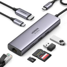 Ugreen CM512 HUB adapter USB-C - 2x USB 3.2 / HDMI 4K / SD TF / USB-C PD 100W / RJ45, szürke