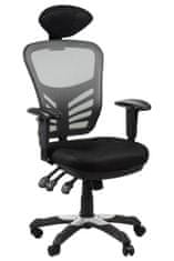 STEMA Forgó ergonomikus irodai szék HG-0001H. Nylon alap, puha kerekekkel, állítható kartámaszokkal, fejtámlával, állítható háttámlával (fel-le), állítható üléssel (szögben) rendelkezik. Fekete/szürke.