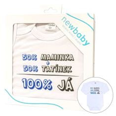 NEW BABY Új baba nyomtatott body 50% MOM + 50% DAD - 100% ME kék - ajándékcsomag - 74 (6-9m)