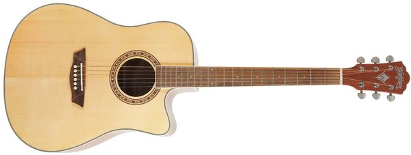gyönyörű Washburn WD7SCE-A-U elektro-akusztikus gitár dreadnought nagy rezonáns test lucfenyőből készült standard menzúra rozetta pozíció pontok western stílusban