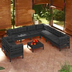 Greatstore 10 részes fekete tömör fenyőfa kerti ülőgarnitúra párnákkal