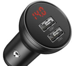 BASEUS Digital Display dupla autós adapter és és fonott kábel készlet 3in1, 2x USB-A, 4,8A, TZCCBX-0G, fekete