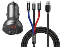 BASEUS Digital Display dupla autós adapter és és fonott kábel készlet 3in1, 2x USB-A, 4,8A, TZCCBX-0G, fekete