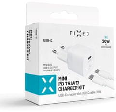 FIXED USB-C kimenettel ellátott hálózati töltőből és USB-C/USB-C kábelből álló készlet, PD támogatás, 1 méter, 20W 20WFIXC20M-CC-WH, fehér