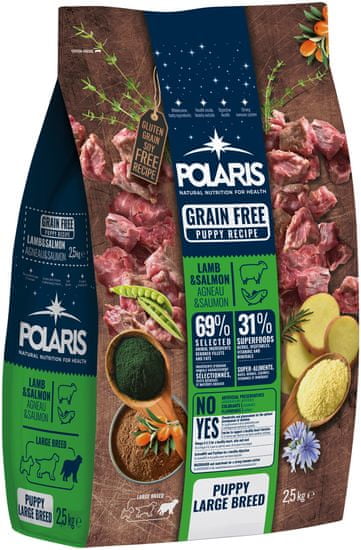 POLARIS gabonamentes granulátum friss hússal, Junior Large Breed, lazaccal és báránnyal, 2,5 kg