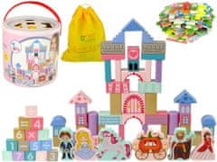 Lean-toys Fa építőkockák kastély hercegnő herceg 67 darab kocsi puzzle játék