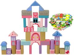 Lean-toys Fa építőkockák kastély hercegnő herceg 67 darab kocsi puzzle játék