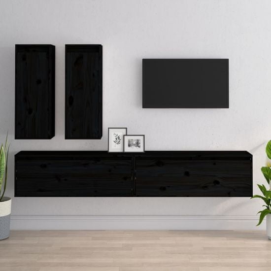 shumee 4 darab fekete tömör fenyőfa TV-szekrény