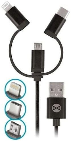 Forever 3in1 adatkábel micro USB+Lightning+USB-C 1m 1,5A T_01626, fekete