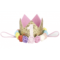BB-Shop Csillogó Születésnapi Korona fejpánttal, Színes Rózsákkal, Arany színű, Első születésnap