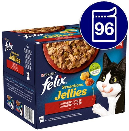 Felix Sensations Jellies marha paradicsommal, csirke sárgarépával, kacsa, bárány aszpikban 96 x 85 g