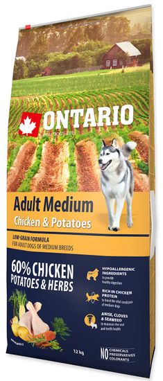 Ontario Adult Medium Chicken & Potatoes Száraz kutyatáp, 12kg