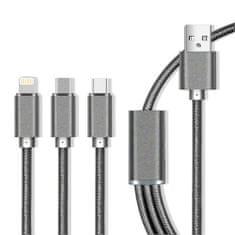 maXlife 3in1 nylon kábel Micro USB / C típusú iPhone 8 PIN-kódú gyors töltésű, 2.1A szürke színű