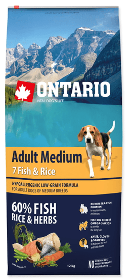Ontario Adult Medium 7 Fish & Rice Kutyatáp, 12 kg
